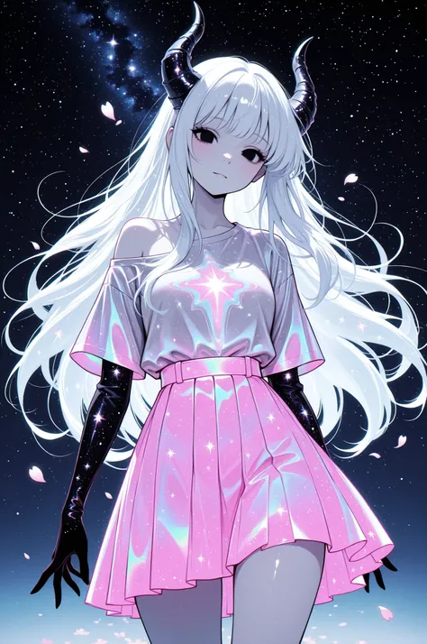 cElesTiana,neon dreamcore,iridescent glow,holographic,pastel void,luminescent skin,celestial tones,smooth reflective surface,glowing eyes,shimmercore,, a very pale white skin demon girl with black horns, (pitch black eyes), wearing off shoulder t-shirt, pi...