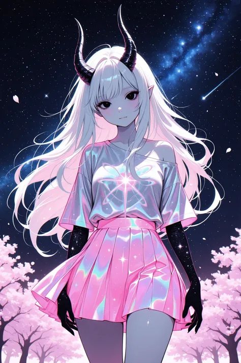 cElesTiana,neon dreamcore,iridescent glow,holographic,pastel void,luminescent skin,celestial tones,smooth reflective surface,glowing eyes,shimmercore,, a very pale white skin demon girl with black horns, (pitch black eyes), wearing off shoulder t-shirt, pi...