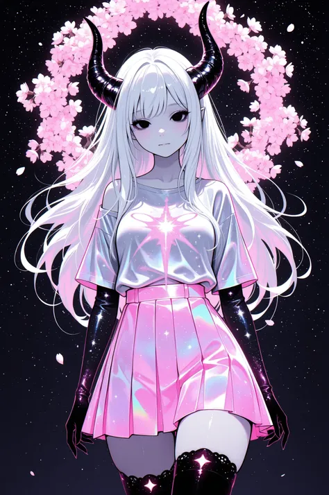 cElesTiana,neon dreamcore,iridescent glow,holographic,pastel void,luminescent skin,celestial tones,smooth reflective surface,glowing eyes,shimmercore,, a very pale white skin demon girl with black horns, (pitch black eyes), wearing off shoulder t-shirt, pi...