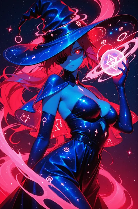 cElesTiana,neon dreamcore,iridescent glow,holographic,pastel void,luminescent skin,celestial tones,smooth reflective surface,glowing eyes,shimmercore,masterpiece, best quality, 1girl, adult, long red hair, red eyes, one eye covered, arched back, closed mou...