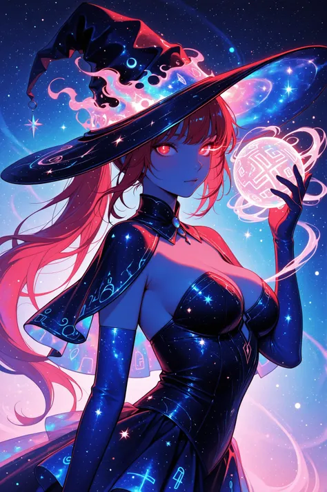 cElesTiana,neon dreamcore,iridescent glow,holographic,pastel void,luminescent skin,celestial tones,smooth reflective surface,glowing eyes,shimmercore,masterpiece, best quality, 1girl, adult, long red hair, red eyes, one eye covered, arched back, closed mou...