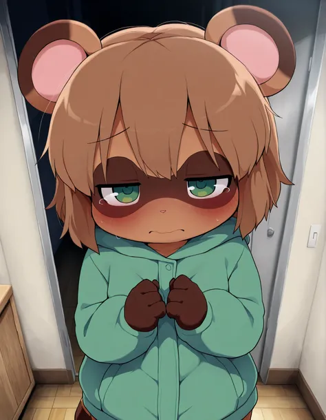 Dagashi,, best quality, masterpiece, moe, furry, raccoon dog, 1girl, petite, brown short hair, half closed eyes, shy, green parka, standing, Put your hands on the wall, looking at viewer, Room hallway, from above,