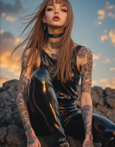 young slender woman sitting elegant on rough rocks , opened glossy lips,  Wear loose clothing,  A fine black and brown outfit with a pattern ， creating an elegant and comfortable atmosphere .  This outfit includes a sleeveless top and trousers ,  tied to t...