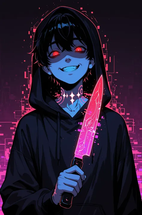 cElesTiana,neon dreamcore,iridescent glow,holographic,pastel void,luminescent skin,celestial tones,smooth reflective surface,glowing eyes,shimmercore,1boy, male focus, black hair, red eyes, ornate knife,grin, yandere expression, black gothic hoodie, dark u...
