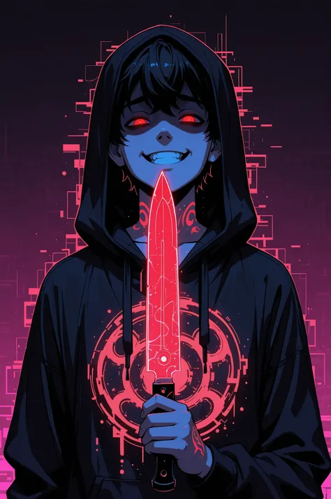 cElesTiana,neon dreamcore,iridescent glow,holographic,pastel void,luminescent skin,celestial tones,smooth reflective surface,glowing eyes,shimmercore,1boy, male focus, black hair, red eyes, ornate knife,grin, yandere expression, black gothic hoodie, dark u...