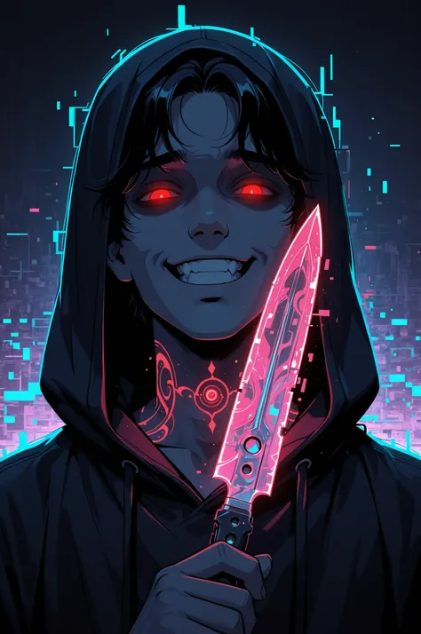 cElesTiana,neon dreamcore,iridescent glow,holographic,pastel void,luminescent skin,celestial tones,smooth reflective surface,glowing eyes,shimmercore,1boy, male focus, black hair, red eyes, ornate knife,grin, yandere expression, black gothic hoodie, dark u...