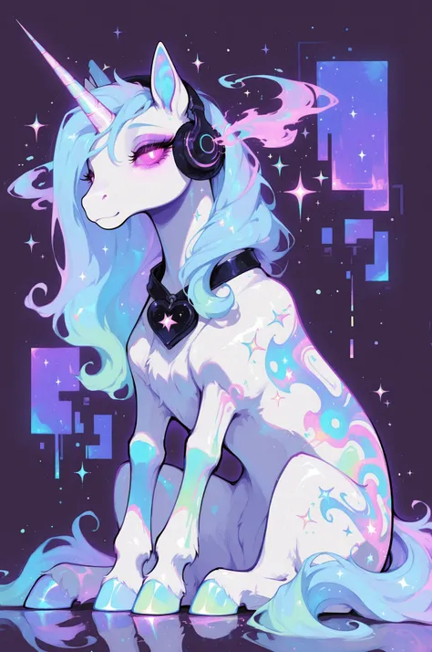 cElesTiana,neon dreamcore,iridescent glow,holographic,pastel void,luminescent skin,celestial tones,smooth reflective surface,glowing eyes,shimmercore,A pastel-colored cartoon unicorn wearing headphones, with a light blue mane and tail, light pink accents, ...