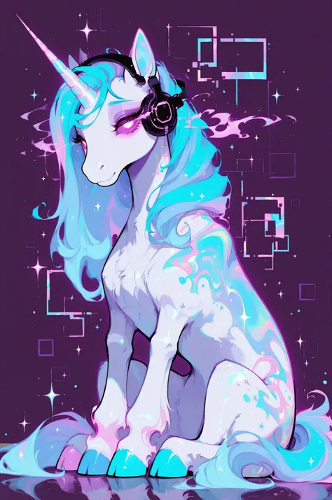 cElesTiana,neon dreamcore,iridescent glow,holographic,pastel void,luminescent skin,celestial tones,smooth reflective surface,glowing eyes,shimmercore,A pastel-colored cartoon unicorn wearing headphones, with a light blue mane and tail, light pink accents, ...