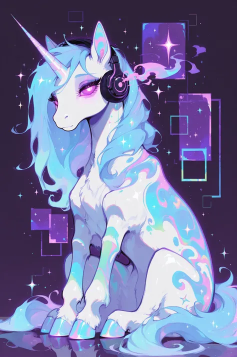 cElesTiana,neon dreamcore,iridescent glow,holographic,pastel void,luminescent skin,celestial tones,smooth reflective surface,glowing eyes,shimmercore,A pastel-colored cartoon unicorn wearing headphones, with a light blue mane and tail, light pink accents, ...