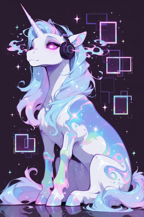 cElesTiana,neon dreamcore,iridescent glow,holographic,pastel void,luminescent skin,celestial tones,smooth reflective surface,glowing eyes,shimmercore,A pastel-colored cartoon unicorn wearing headphones, with a light blue mane and tail, light pink accents, ...
