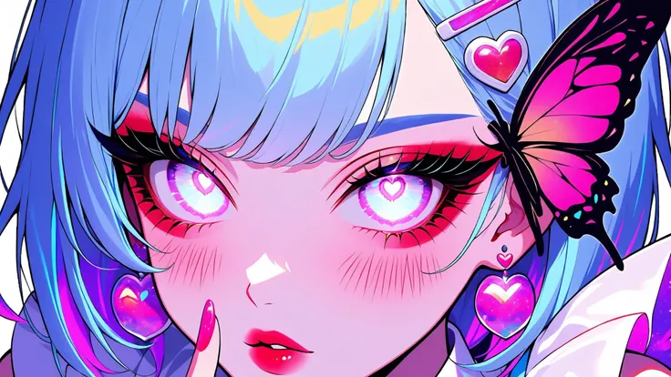cElesTiana,neon dreamcore,iridescent glow,holographic,pastel void,luminescent skin,celestial tones,smooth reflective surface,glowing eyes,shimmercore,anime_screenshot, 1girl, solo, jewelry, dark heart earrings, rich blue hair, blush, white nails, looking a...