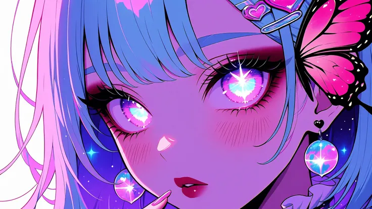 cElesTiana,neon dreamcore,iridescent glow,holographic,pastel void,luminescent skin,celestial tones,smooth reflective surface,glowing eyes,shimmercore,anime_screenshot, 1girl, solo, jewelry, dark heart earrings, rich blue hair, blush, white nails, looking a...