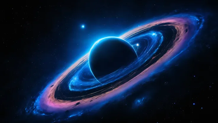 A vast and enchanting cosmic scene featuring a glowing planet with expanding belts, reminiscent of Saturn, hovering in space. The surface of the planet is enveloped by shades of dark blue and black, contrasts with what is alive, the light of the rings emit...