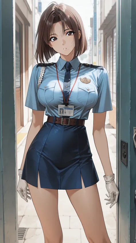 The golden ratio, Proper composition, beautiful illustration, Police Uniforms, blue shirt, chest pocket, Short sleeve, white gloves, blue skirt, Sagara Natsumi, dark brown eyes, Brown Hair, flat bangs, short hair, 1990s \(style\), (masterpiece, details:1.2...