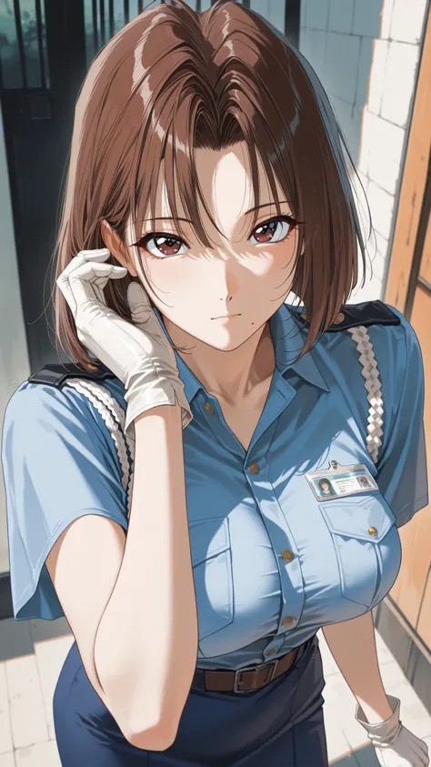 The golden ratio, Proper composition, beautiful illustration, Police Uniforms, blue shirt, chest pocket, Short sleeve, white gloves, blue skirt, Sagara Natsumi, dark brown eyes, Brown Hair, flat bangs, short hair, 1990s \(style\), (masterpiece, details:1.2...