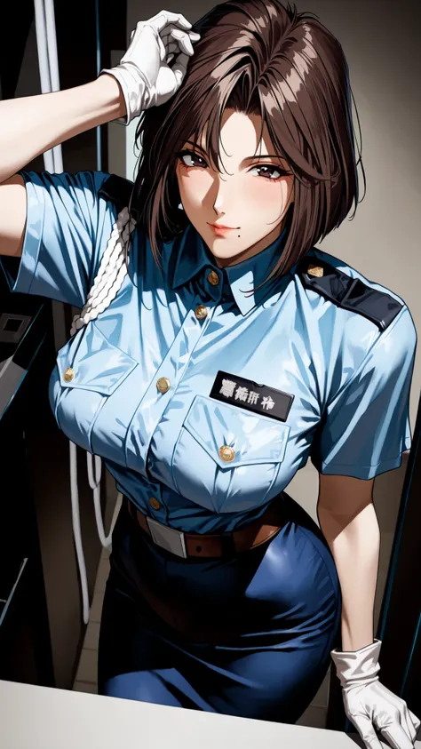 The golden ratio, Proper composition, beautiful illustration, Police Uniforms, blue shirt, chest pocket, Short sleeve, white gloves, blue skirt, Sagara Natsumi, dark brown eyes, Brown Hair, flat bangs, short hair, 1990s \(style\), (masterpiece, details:1.2...