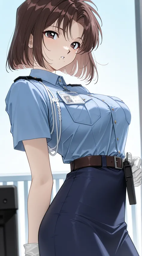 The golden ratio, Proper composition, beautiful illustration, Police Uniforms, blue shirt, chest pocket, Short sleeve, white gloves, blue skirt, Sagara Natsumi, dark brown eyes, Brown Hair, flat bangs, short hair, 1990s \(style\), (masterpiece, details:1.2...