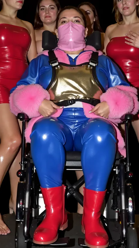 A 53 year old fat woman weighing 320 pounds wearing a soft pink rubber OTNTapegag that covers the eyes mouth but leaves the nostrils open, the woman wears a blue and pink fur leather coat, the woman wears blue rubber pants, the woman has red boots, she is ...