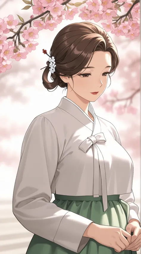 mature woman, Korean dynasty, Brown Hair, hair ring, Hairpin,  There are, mature, soft lights, Advanced Details, Highest Quality, cowboy shot, close-up, Scenery, EXTERIOR, Flower, branch, Outdoors 