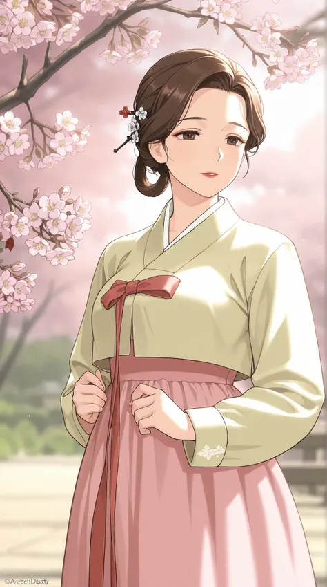 mature woman, Korean dynasty, Brown Hair, hair ring, Hairpin,  There are, mature, soft lights, Advanced Details, Highest Quality, cowboy shot, close-up, Scenery, EXTERIOR, Flower, branch, Outdoors 