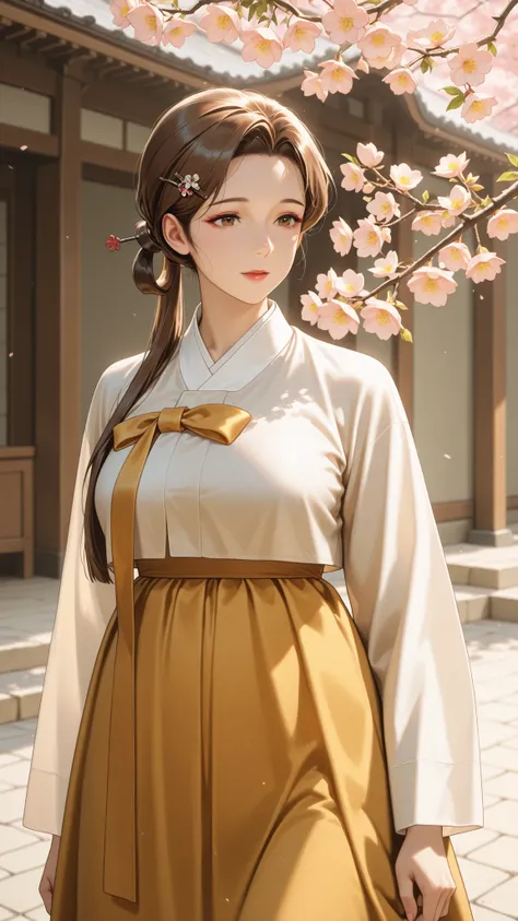 mature woman, Korean dynasty, Brown Hair, hair ring, Hairpin, There are, mature, soft lights, Advanced Details, Highest Quality, cowboy shot, close-up, Scenery, EXTERIOR, Flower, branch, Outdoors