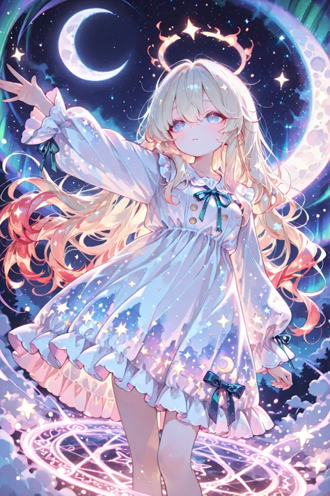 real adorable,  petite , cute, In pajamas, double-breasted skirt and nightgown, decorated with ruffles and ribbons, aurora-like halo, Starry sky pattern, clothes blend into the background, somnolence, dim eyes, in the air, float, outstretched arm, magic ci...