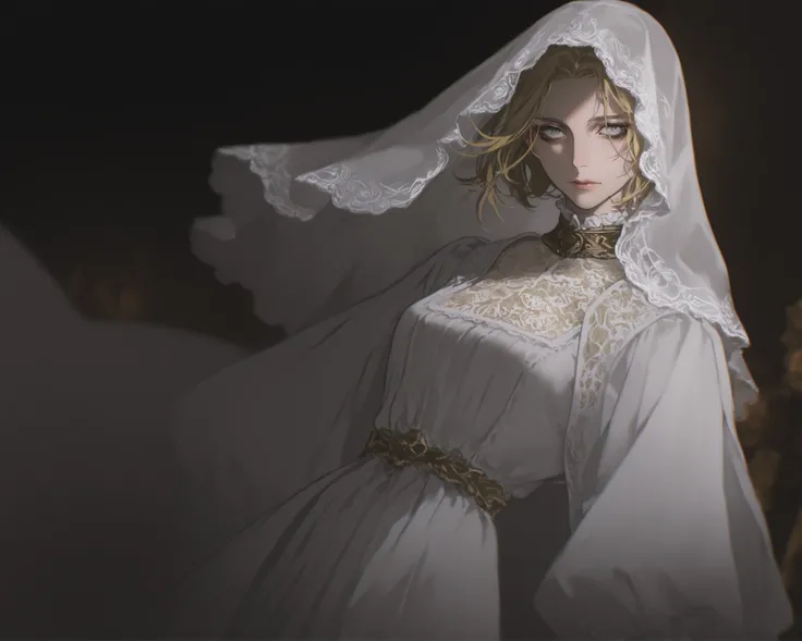 1girl, blonde_hair, female_character, pope, dynamic angle, looking at viewer, tight dress, short_hair, priestess, neutral expression, mature face, dark fantasy, golden roses, floral pattern, frills, white_dress, embroidery, 1girl, golden details, dark soul...