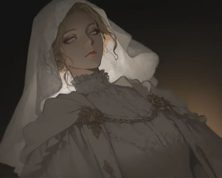 1girl, blonde_hair, female_character, pope, dynamic angle, looking at viewer, tight dress, short_hair, priestess, neutral expression, mature face, dark fantasy, golden roses, floral pattern, frills, white_dress, embroidery, 1girl, golden details, dark soul...