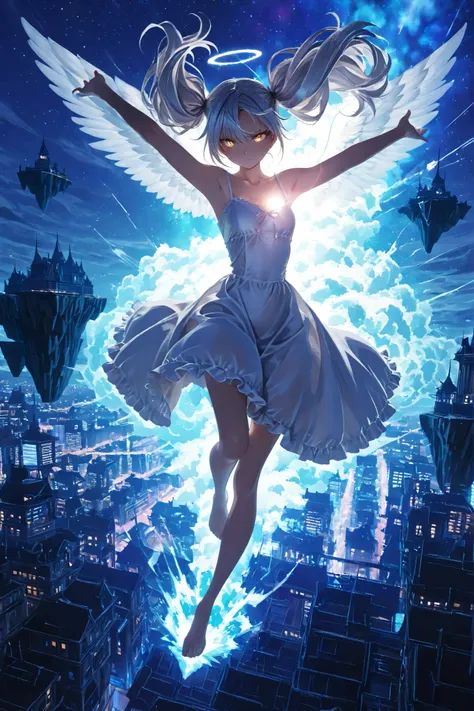 angel girl ,white dress、white hair、twin tails、beautiful golden eyes 、detailed eyes 、、cute faces getting creampied, watercolor, , anime style4K,  
 、bright color、 Strong Brushwork  、high contrast 、blue theme 、、Lens flare、null中、nullを飛んでいる、
Highest Quality, H...