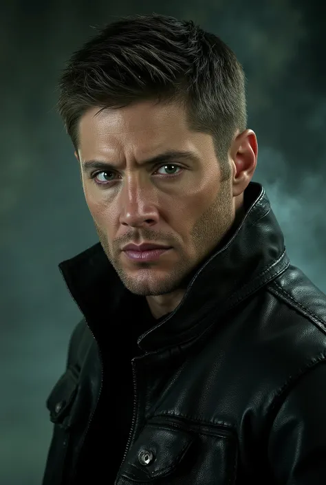 cinematic portrait of a rugged demon hunter, short hair, green eyes, leather jacket, intense expression, dramatic lighting, dark smoky background, ultra-realistic, volumetric light, 35mm depth of field