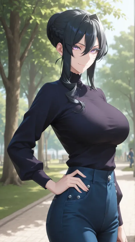 1girl, solo, anime girl, artoria pendragon (lancer) (fate), elegant mature woman, masterpiece, badass, very aesthetic, black hair, long hair, braid, braided bun, single hair bun, hair between eyes, purple eyes, sharp eye outlines, long eyelashes, light mak...