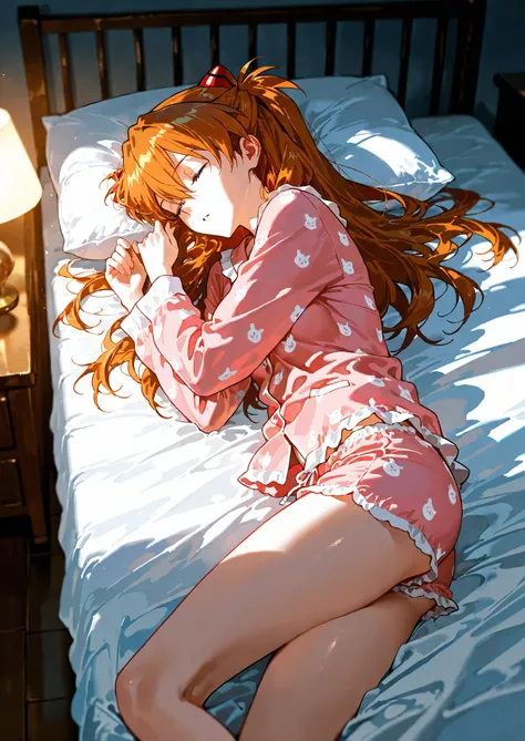 1girl, solo, souryuu asuka langley, neon genesis evangelion, pajamas, shorts, lying on a bed, sleeping, bedroom, alluring atmosphere, cinematic lighting, BREAK, masterpiece, superb quality,warm color,high resolution,high fashion,absurdres extremely,vivid c...