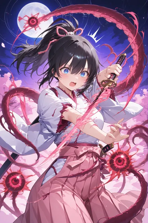 black hair ponytail、blue eyes、white sleeveless kimono、Pink Hakama、holding  katana、The sword is shaken off horizontally、red magic dwells in the blade、dynamic movement、 in detail、In the highest quality、The background is Demon Realm 、magic effect、straighten t...