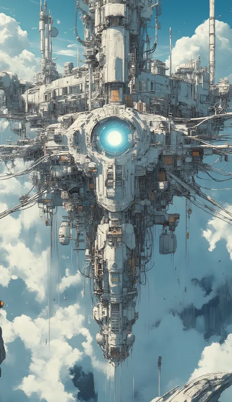 A massive floating fortress made of lightweight futuristic metal,
suspended in the sky by a spatial fixed-point portal acting as a gravity anchor,
gigantic gyroscope mechanism rotating on a central axis for levitation, 
huge power supply cables extending f...