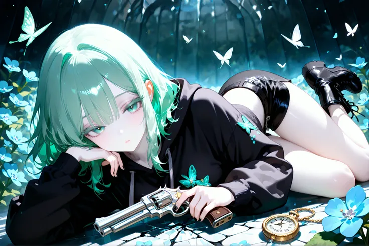 super detail, masterpiece, best quality, high resolution, 8k, ultra high anatomy, facial, only 1 girl, medium hair mint-green hair, mint-green eyes, Pale skin with matching pale black eyelashes, black hoodie, black shorts, with small blue forget-me-not flo...