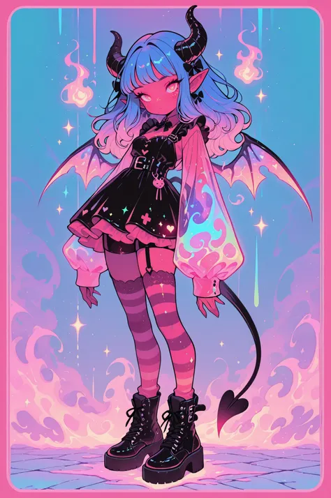 cElesTiana,neon dreamcore,iridescent glow,holographic,pastel void,luminescent skin,celestial tones,smooth reflective surface,glowing eyes,shimmercore,1girl, Red skin, Red irises, Freckles, long hair, (rich darker blue hair), Pointed ears, bangs, Succubus t...