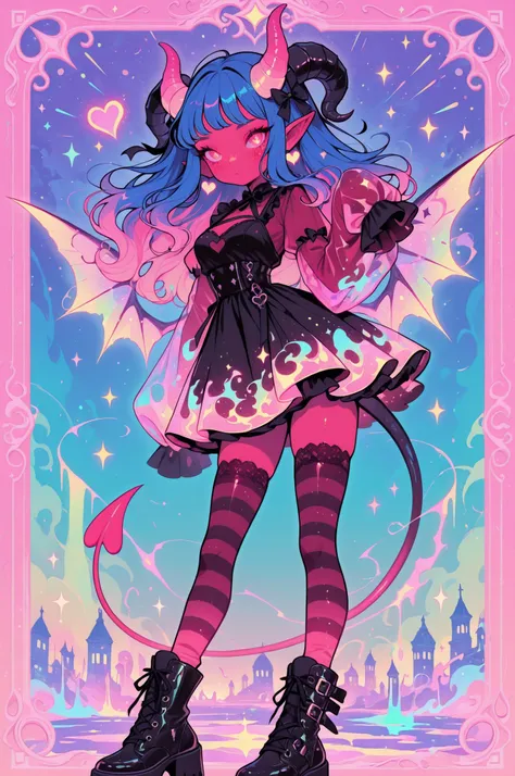 cElesTiana,neon dreamcore,iridescent glow,holographic,pastel void,luminescent skin,celestial tones,smooth reflective surface,glowing eyes,shimmercore,1girl, Red skin, Red irises, Freckles, long hair, (rich darker blue hair), Pointed ears, bangs, Succubus t...