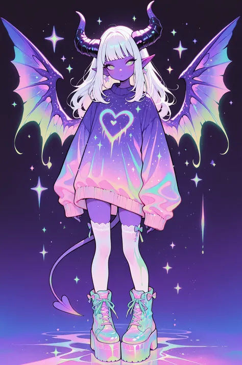 cElesTiana,neon dreamcore,iridescent glow,holographic,pastel void,luminescent skin,celestial tones,smooth reflective surface,glowing eyes,shimmercore,1girl, ((purple skin)), (purple iris), (green pupils), ((Freckles)), (long hair), (white hair), (straight ...