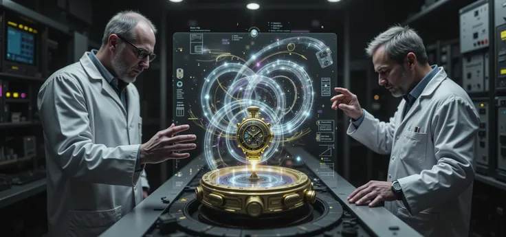 Scientists explaining with holograms the operation of a hand watch with a classic and gold design, symbols, esquemas, lights and arrows, Dates, very technical.