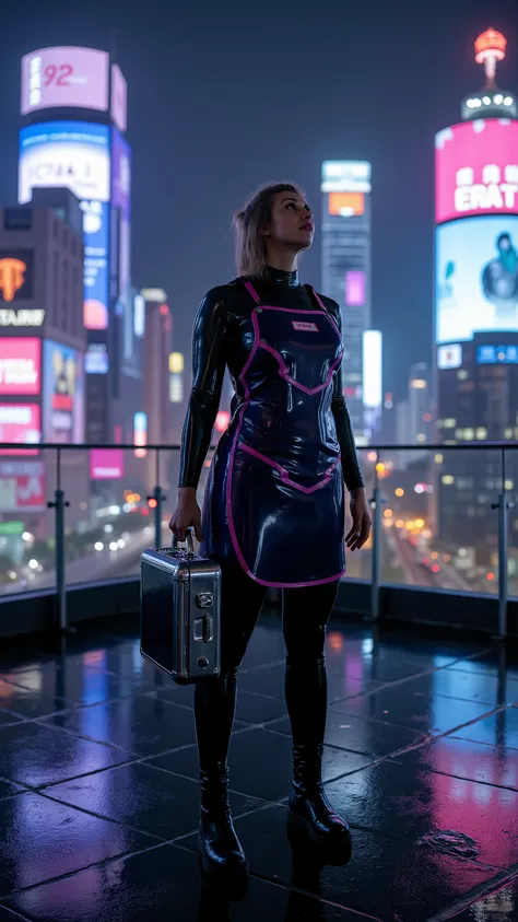 A 40-year-old athletic woman in a sleek black latex bodysuit with metallic purple accents wearing a black and purple lead apron, standing on the rooftop terrace of a neon-lit cyberpunk skyscraper in Tokyo, surrounded by holographic advertisements and glowi...