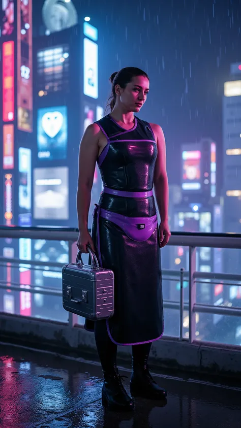 A 40-year-old athletic woman in a sleek black latex bodysuit with metallic purple accents wearing a black and purple lead apron, standing on the rooftop terrace of a neon-lit cyberpunk skyscraper in Tokyo, surrounded by holographic advertisements and glowi...
