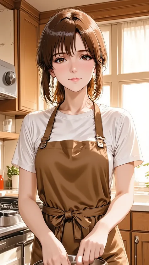 A mature 30s woman, a wife and mother, exuding adult charm, in a comfortable cotton apron. She has natural and correct anatomy, including her hands and feet. She is in a full-body standing pose in a sunlit kitchen, gently stirring a pot, looking towards th...
