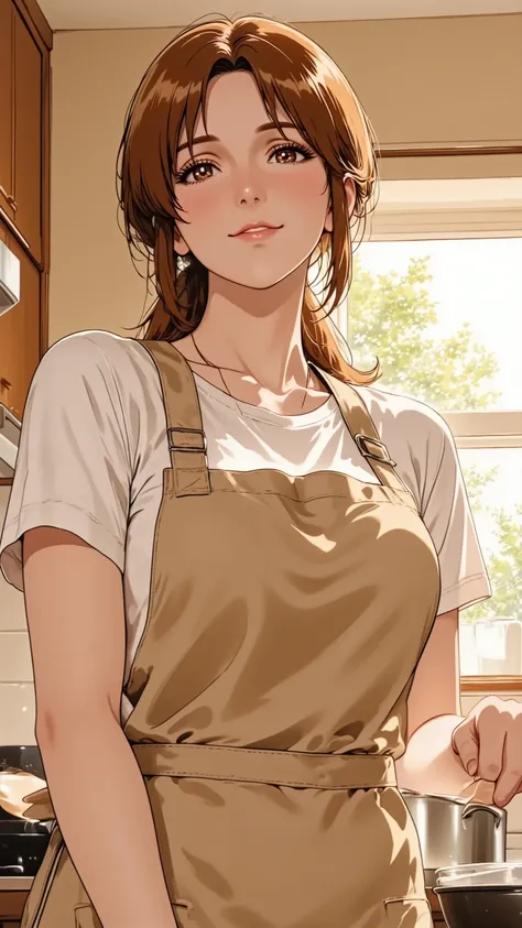 A mature 30s woman, a wife and mother, exuding adult charm, in a comfortable cotton apron. She has natural and correct anatomy, including her hands and feet. She is in a full-body standing pose in a sunlit kitchen, gently stirring a pot, looking towards th...