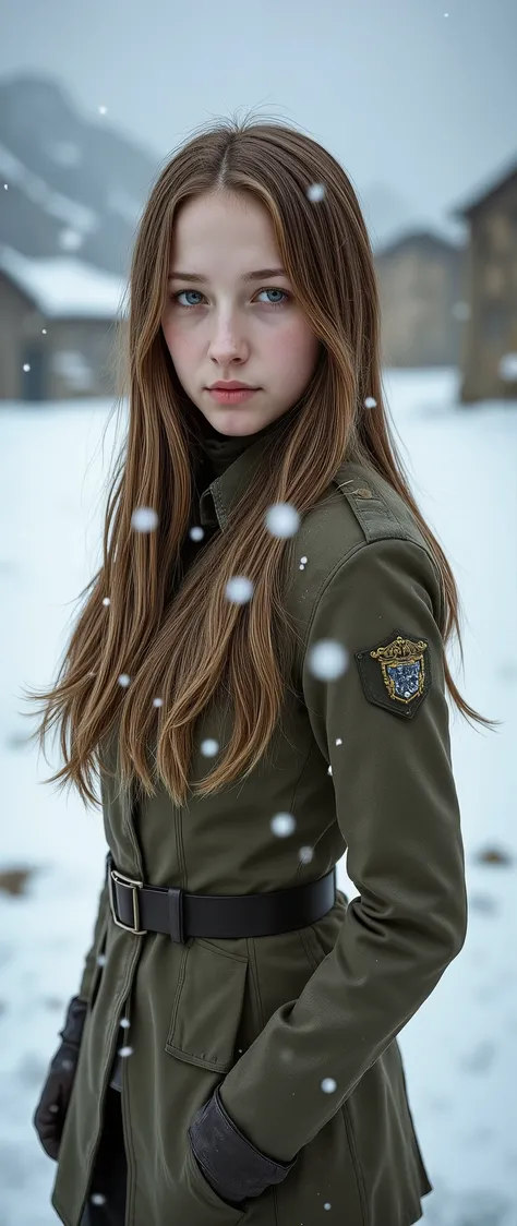       fair-skinned girl      , cabelo liso , cabelo comprido , cabelo castanho, neve , army clothes, olhos azuis