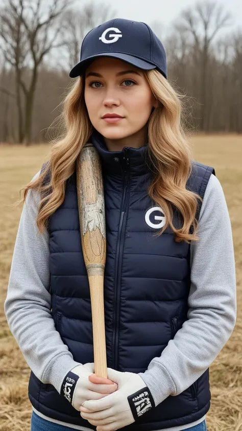 Uma jovem mulher.  The woman is standing , holding a baseball bat with both hands. Ela tem muito tempo, wavy blond hair and is wearing a navy blue baseball cap with a white "G" logo, a quilted navy blue vest over a light gray long-sleeved shirt, and batbol...