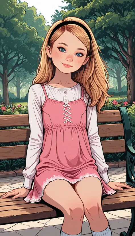 (1girl, female child, penny peterson), (extremely detailed CG unit 8k wallpaper),(master part), (best quality), (ultra detail), (best illustration),(dan mumford style), cowboy shot, dutch angle, sitting on bench,  facing viewer, looking at viewer, perfect ...