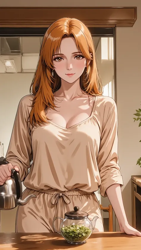 A serene married woman in her 30s, with long, honey-blonde hair flowing softly over her shoulders. She has natural makeup and a calm, gentle smile. She has natural and correct anatomy, perfectly rendered hands with five fingers, and well-proportioned limbs...