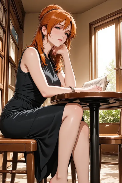 A mature 30s woman, a wife and mother, exuding adult charm, in a stylish yet modest midi dress. She has natural and correct anatomy, including her hands and feet. She is in a full-body seated pose at a quiet cafe table, deeply engrossed in a book, occasion...