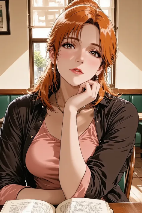 A mature 30s woman, a wife and mother, exuding adult charm, in a stylish yet modest midi dress. She has natural and correct anatomy, including her hands and feet. She is in a full-body seated pose at a quiet cafe table, deeply engrossed in a book, occasion...