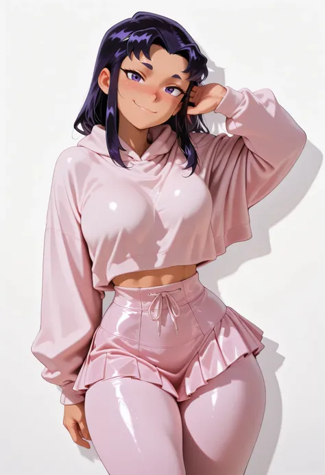 masterpiece, better quality,
one girl, Alone, blackfire_(/Teen Titans in Action)/, tanned skin,, very detailed skin Blush,, smile, looking at viewer, nose blush, shiny legs, shiny body, shiny hair, clear skin, clear body,, thick thigh,,, thick thighs,, fe...